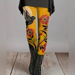 Floral Bird Print Yellow Leggings